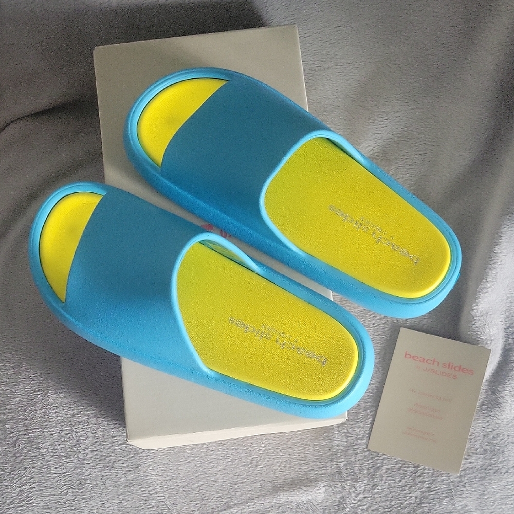 Beach Slides By J Slides Torquoise Yellow Eva Squish Sz 10